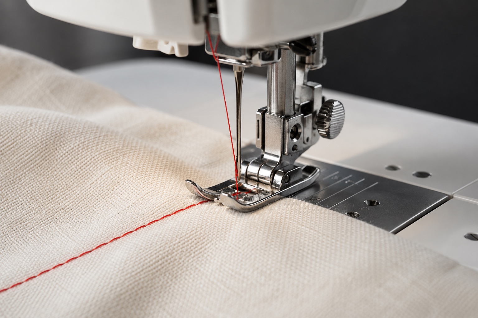 Illustrative close-up of a sewing-machine presser foot and red thread on woven fabric